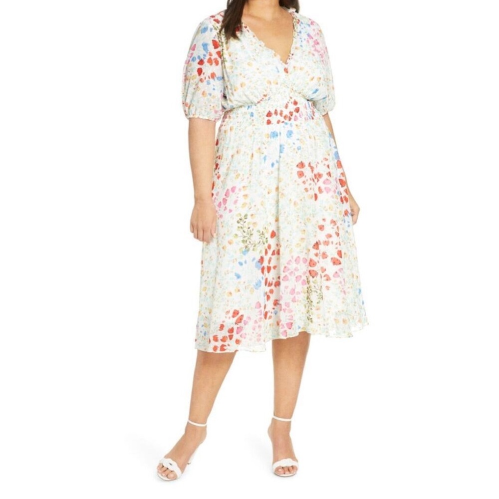 Maison Tara Pink and Orange Puff Sleeve Midi Sundress